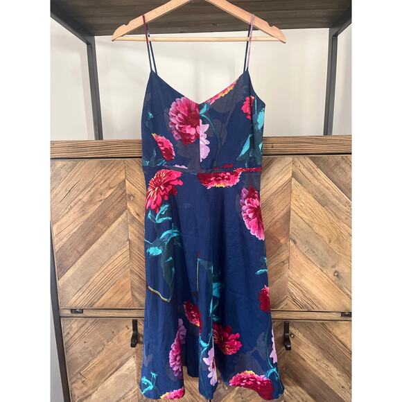 Banana Republic Linen Blend Dress Blue with Tropical Floral Print Size 0 - Picture 1 of 8